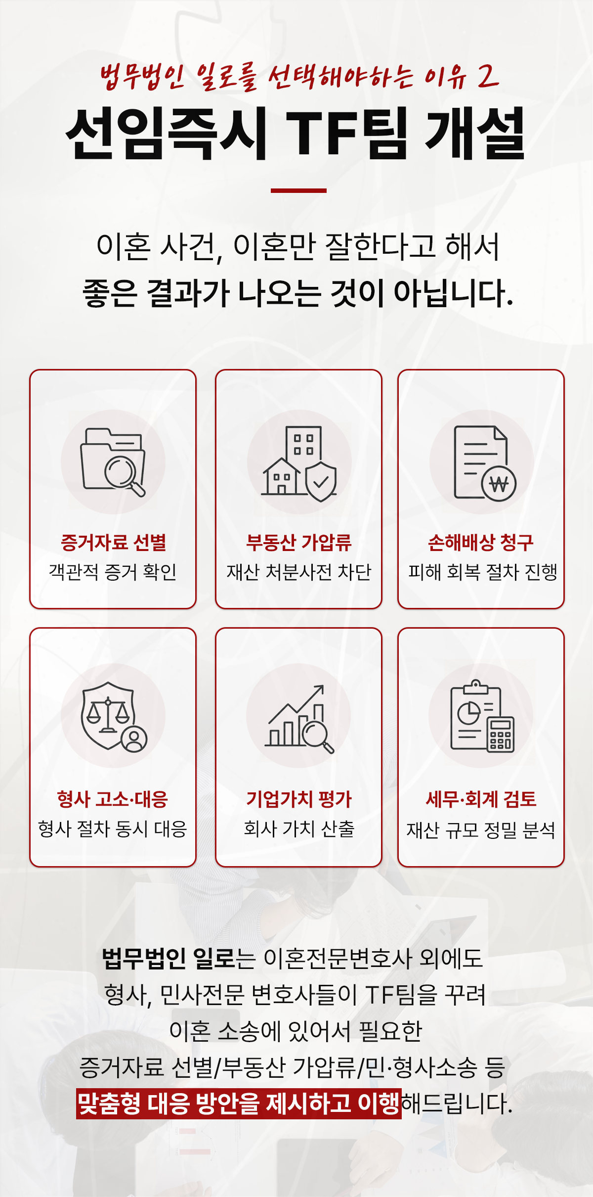 증거자료·부동산 가압류·기업가치 평가 등 이혼사건 협업 내용을 설명하는 이미지