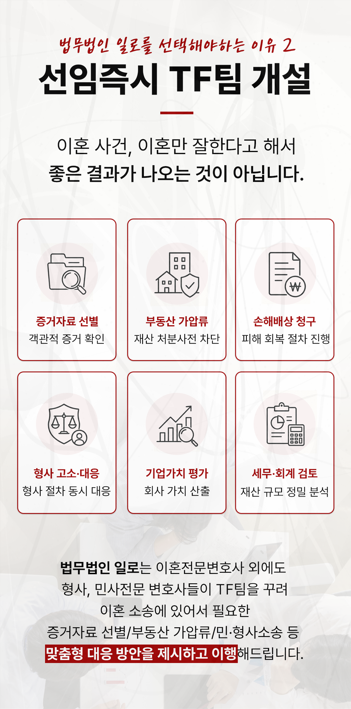 증거자료·부동산 가압류·기업가치 평가 등 이혼사건 협업 내용을 설명하는 이미지