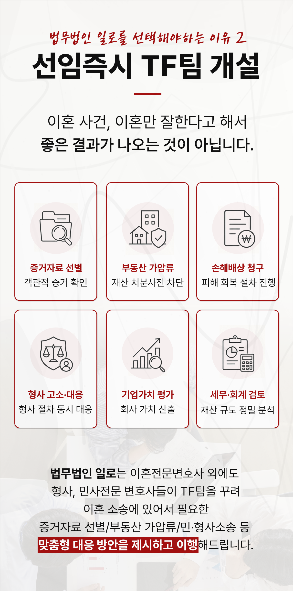 증거자료·부동산 가압류·기업가치 평가 등 이혼사건 협업 내용을 설명하는 이미지