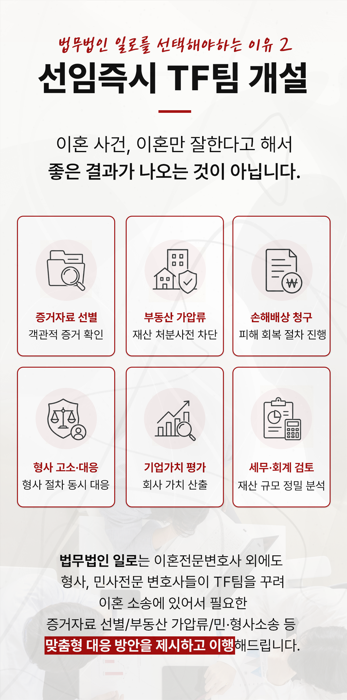 증거자료·부동산 가압류·기업가치 평가 등 이혼사건 협업 내용을 설명하는 이미지