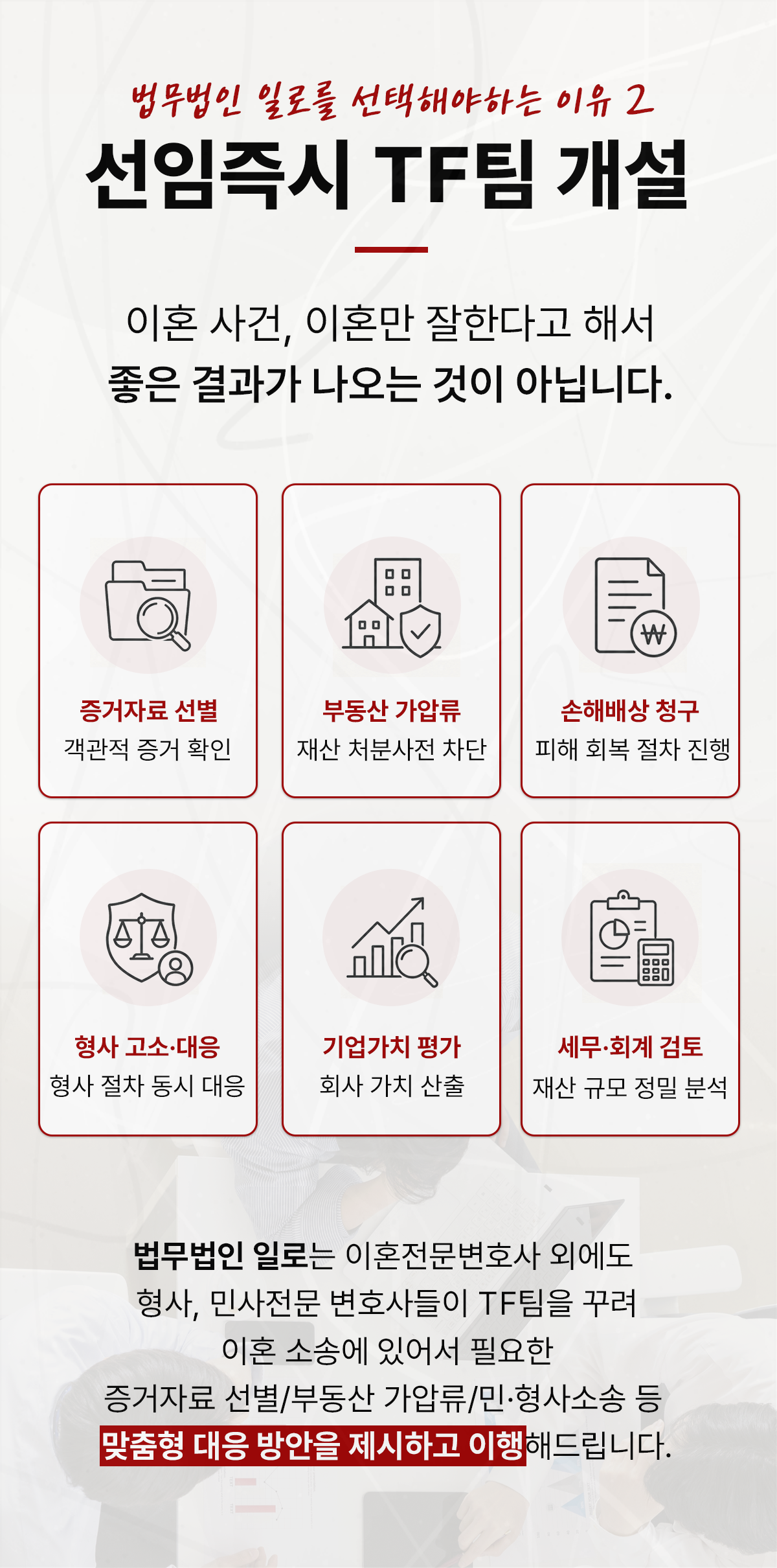 증거자료·부동산 가압류·기업가치 평가 등 이혼사건 협업 내용을 설명하는 이미지