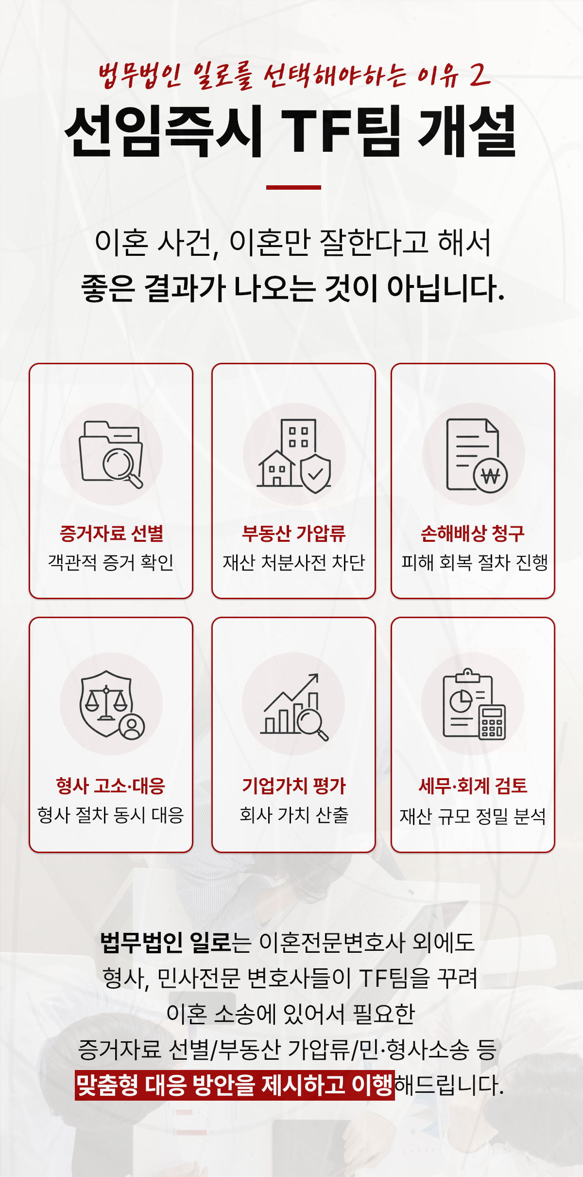 증거자료·부동산 가압류·기업가치 평가 등 이혼사건 협업 내용을 설명하는 이미지