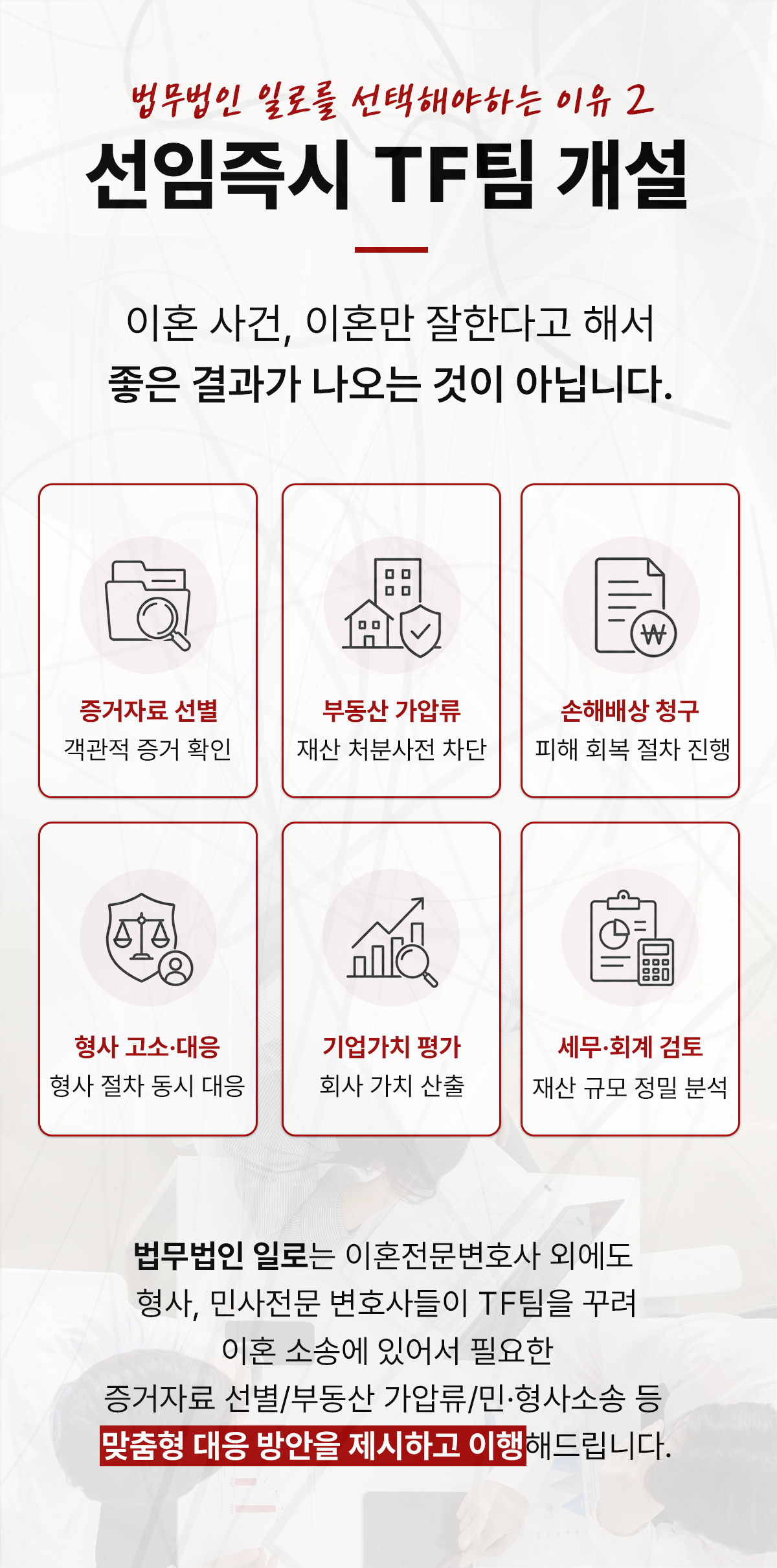 증거자료·부동산 가압류·기업가치 평가 등 이혼사건 협업 내용을 설명하는 이미지