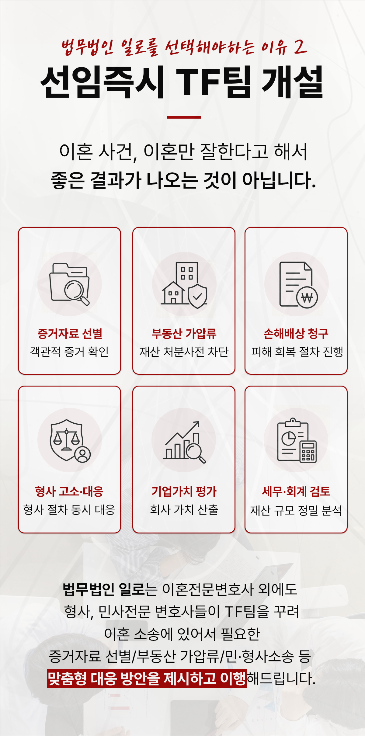증거자료·부동산 가압류·기업가치 평가 등 이혼사건 협업 내용을 설명하는 이미지