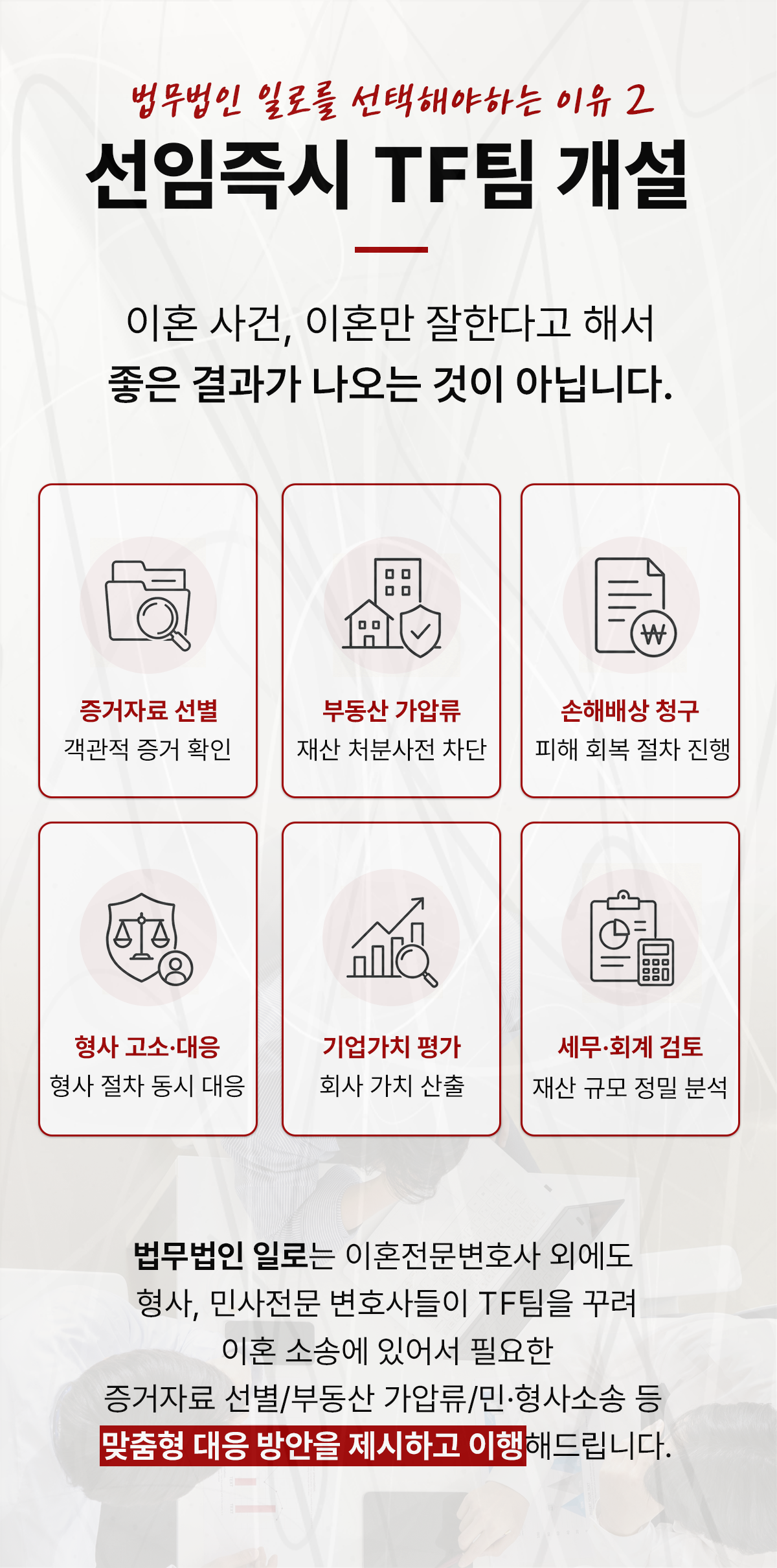 증거자료·부동산 가압류·기업가치 평가 등 이혼사건 협업 내용을 설명하는 이미지